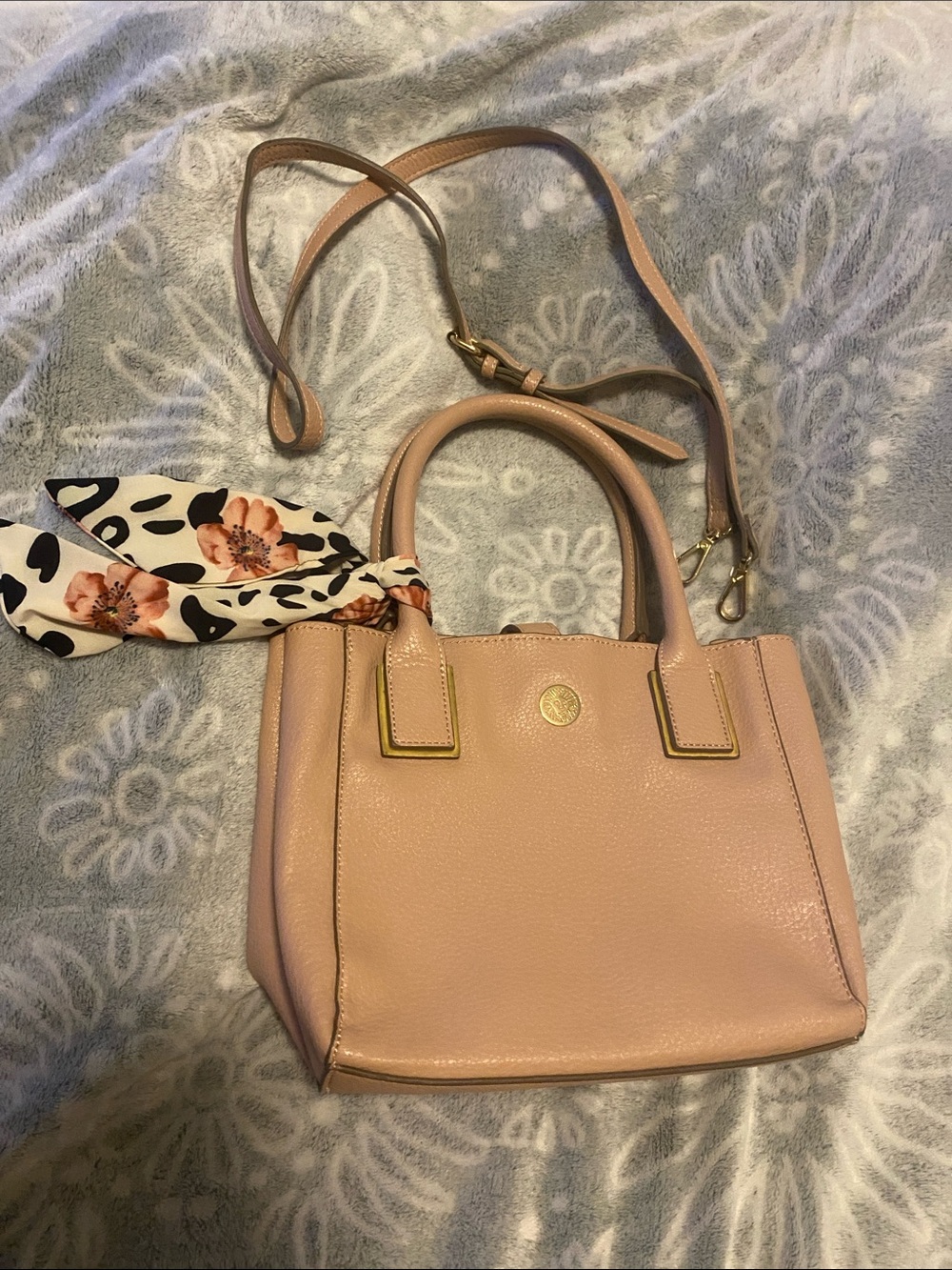 Anne Klein Blush Pink Leather Crossbody Satchel with Scarf Accent